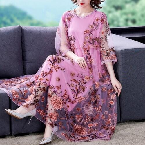 Summer Casual Luxury Women Embroidery A Line 3/4 Sleeve Yellow Dress , 4xl 5xl Flower Long Dresses for Woman Clothes