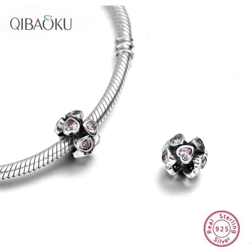 925 Sterling Silver Beads Heart Shaped Pink Zircon Bead Charms for Jewelry Making Charm for Bracelet Gift