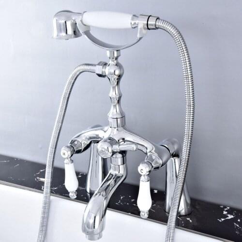 Polished Chrome Deck Mounted Bathroom Tub Faucet Dual Handles Telephone Style Hand Shower Clawfoot Tub Filler atf758