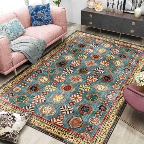 Retro Pakistani Ethnic Style Carpet and Rug Blue Geometric Pattern Tapete Kitchen Bathroom Bedroom Bedside Anti-Slip Floor Mat