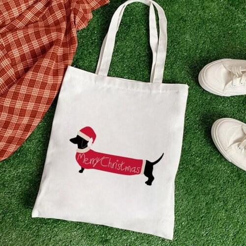 Christmas Theme Funny Dog Cartoon Kawaii Dachshund Leisure Fashion Shopper Portable Simple Chic 2021 Large Capacity Tote Bag