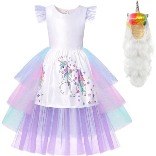 Girl Lace Unicorn Dress Backless Long-Tail Costume Girls Princess TUTU Wedding Gowns Rainbow Cake Dress Mesh Cloak Party