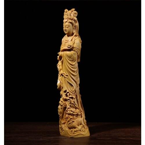 Boxwood 20cm 23cm Guanyin Sculpture Wood Carving Buddha Statue Guan Yin with Dragon Home Decor