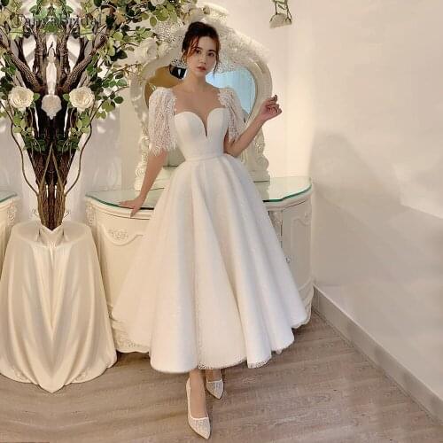 Short Puff Sleeve Wedding Dresses Tea Length Elegant Bridal Gowns A Line Vintage Engagements Noivas DW551