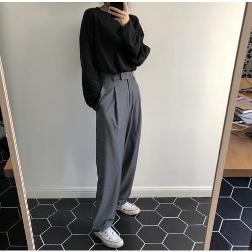 2021 Retro Solid Color Wild Straight Wide Leg Pants Female Spring New Korean Fashion High Waist Casual OL Loose Long Pants
