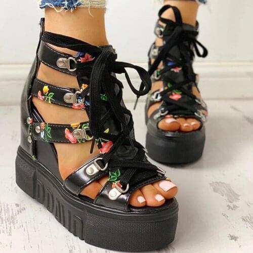 2021 hot sale womens summer sandals floral wedge high heels cross-tie high increase fashion casual shoes ladies wholesale