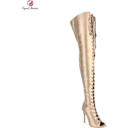 Womens Over The Knee Sandals Boots Shoes Cross Tied Lace Up Peep Toe Thin Heels Botas Zapatos Women Stiletto Large Size 35-45