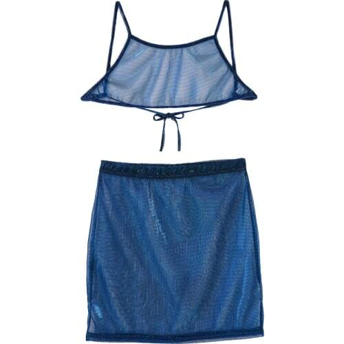 Women Shiny See-through Mesh 2 Piece Set Sexy Club Rave Pole Dance Outfits Lingerie Lace-up Spaghetti Strap Crop Top Mini Skirt