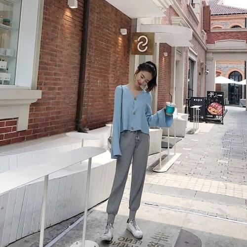 2021 Women Autumn Solid Knitting 2-pieces Female Sweater Suit V-neck Single-Breasted Cardigan + Long Pant Lady Elegant Set O34