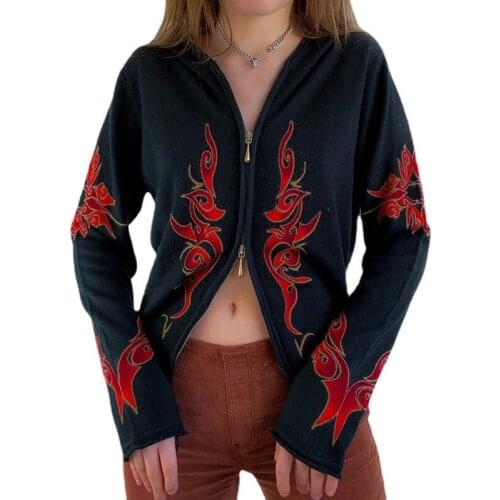 Womens Sweater Dark Retro Flame Printed Zipper Cardigan for Women Casual Loose Harajuku Aesthetic Grunge Streetwear 2021 Autumn