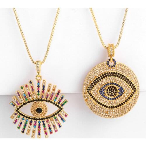 2020 New Rainbow CZ Turkish Eye Necklace For Woman Fashion Zirconia Gold Round Long Chain Pendant Necklace Charm Jewelry
