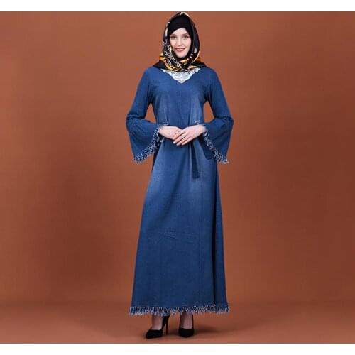 Female Muslim Dress Abaya Kaftan Arabic Maxi Hijab Dress Caftan Marocain Islamic Dresses Robe Fringed Denim Skirt SL1126