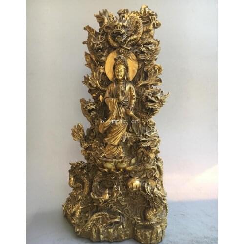 15''brass carved auspicious beast Nine Dragon Guanyin Avalokitesvara Bodhisattva