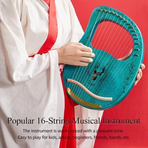 Muslady 16 String Upgraded Lyre Harp Portable Solid Wood Harp String Musical Instrument with Tuning Wrench Clear Blue