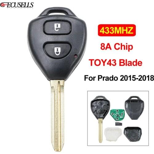 2 Button Smart Remote Car Key 433Mhz 8A Chip inside with TOY43 Uncut Blade for Toyota Prado 2015 2016 2017 2018