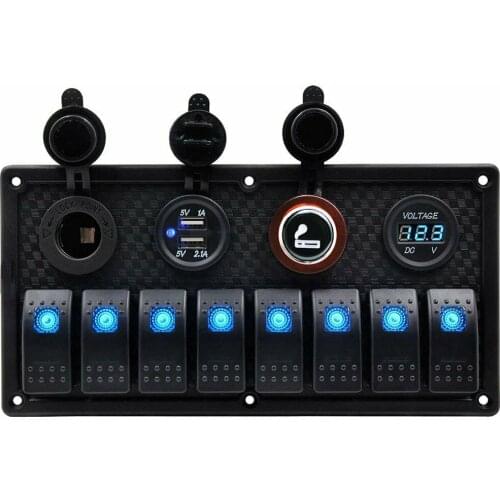 8 Gang Rocker Switch Panel Dual USB Charger Port DC 12V Socket 12/24V Blue Lighted Breaker Switches with Decal Sticker Labels