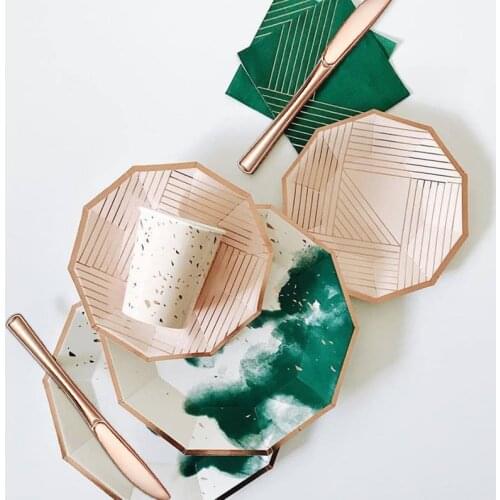 8 Sets Dark Green/ Rose Gold Watercolor Tableware Cake Plates Dishes Cups and Napkins Plastic Cutlery for Wedding Birthday