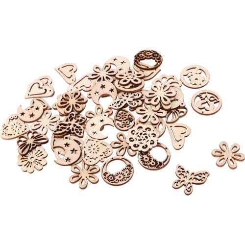 50 Pieces Natural Cutouts Wood Wooden Decorations Embellishment for DIY Craft Supplies Scrapbooking Card Making Wedding