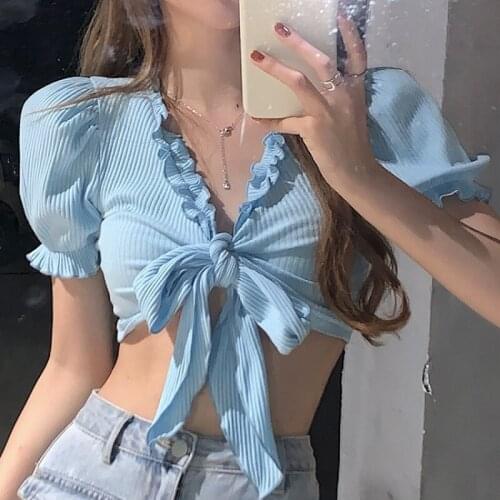 The new Spice Girls wood ear tied bow short top lotus leaf side open umbilical bubble sleeve t-shirt t-shirt summer