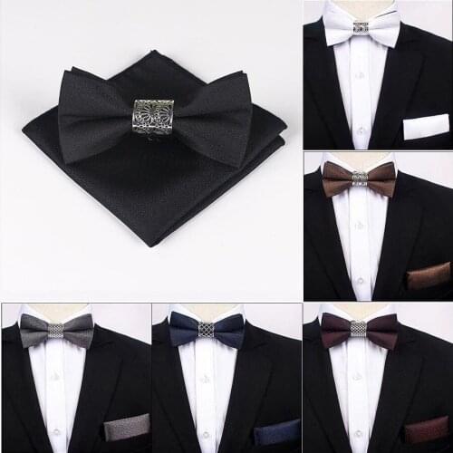 Original Metal Silver Floral Core Two Layer Neck Bowtie Solid Bow Tie Mens Fashion Adjustable Bowties For Men Pocket Sqaure Set