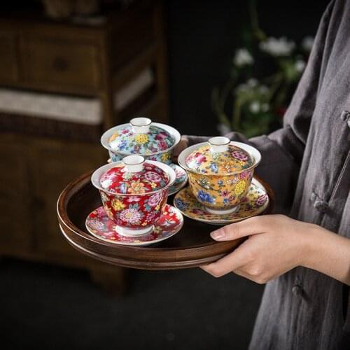 Ceramic Hand-painted Sancai Gaiwan Handmade Kung Fu Gaiwan Tea Tureen Tea Bowl with Saucer Household Tea Cup Set