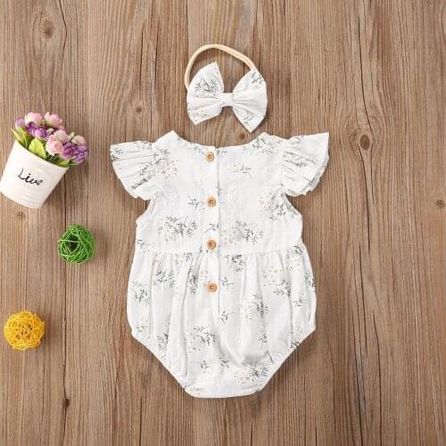 Toddler Kids Baby Girl Summer Clothes Lace Floral Romper Sleeveless Bodysuit Sunsuit Outfits Headband Jumpsuit 2PCS