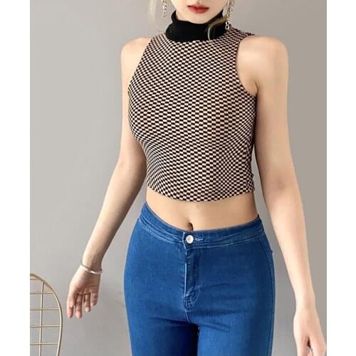 Sexy Women Tank Top Women Summer Sleeveless Plaid Tank Tees Tuetleneck Houndstooth Print Office Lady Streetwear Trend Streetwear