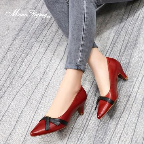 Mona Flying Women Pumps Shoes Bow-knot Leather Elegant Comfort Handmade Dress Office Pointed Toe High Heels for Ladies 2588-12