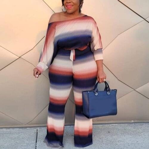 Plus Size 2 Pieces Outfits Pants Sets Striped Printed Tops & Long Trousers Loose Fashion Oversized Autumn Fall Wear Matching Set