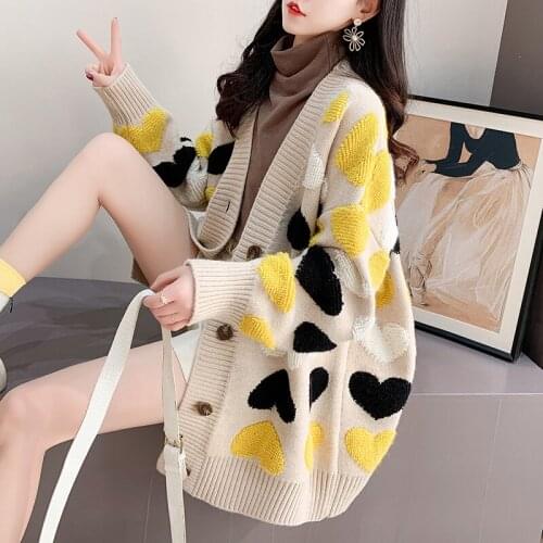 Autumn clothing womens clothing 2021 long knitted cardigan sweetheart embroidered knitted jacket sweater loose sueters de mujer
