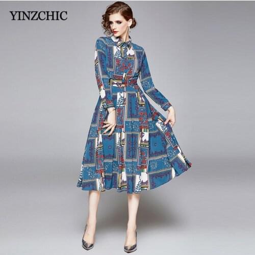 Fashion Woman Spring Print Dress Turn-down Collar Female Slim A-line Dresses New Blue Floral Dress for Woman Casual