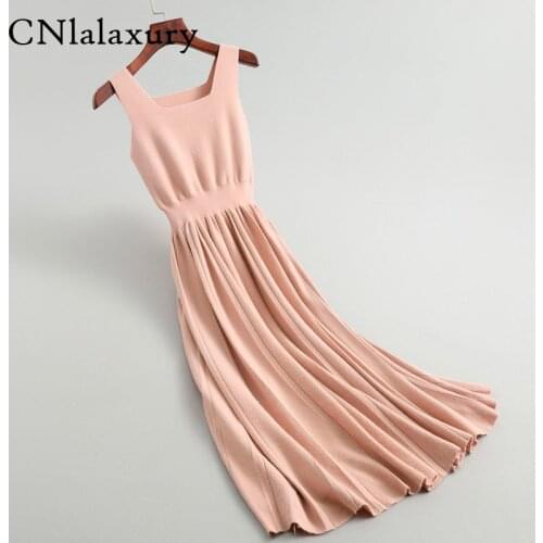 2020 Autumn Fashion Women Knitwear Party Dress Female Casual Elastic High Waist Sleeveless Midi Pleated Sweater Dress Vestidos