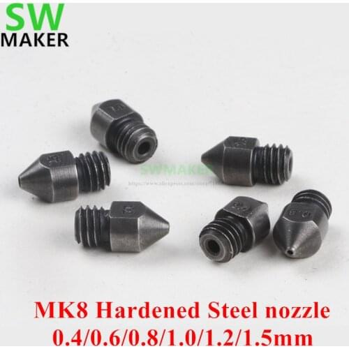 5pcs MK8 High Temperature Hardened Steel Nozzle 0.4/0.6/0.8/1.0/1.2/1.5mm 1.75mm for MK9 Creality CR-10 Ender3 Anet 3D printer