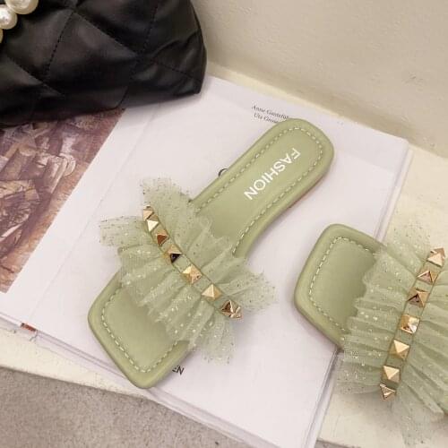 Green Summer Ladies Slippers Flat Sole Luxury Shoes Rivets Womens Leisure Beach Outdoor New Womens Slippers Women Shoes