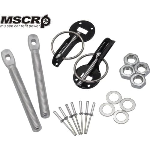 Universal Logo Car Racing Engine Bonnet Silver Hood Pin Flip Over Security Lock Kit Set