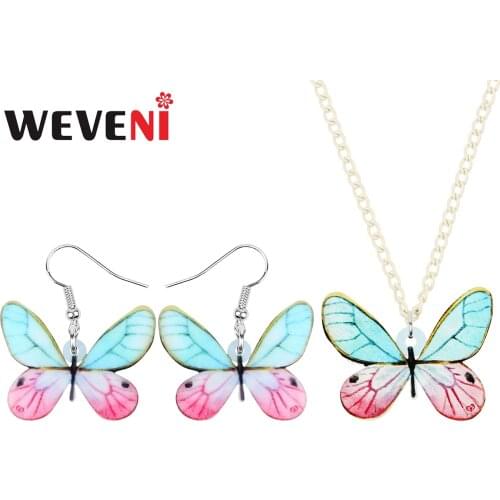 WEVENI Acrylic Pink Blue Morpho Butterfly Jewelry Sets Insect Animal Necklace Earrings For Women Girls Kid Fashion Birthday Gift