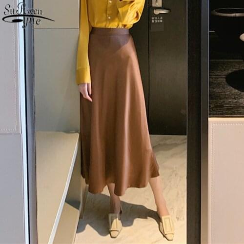Korean Soft Satin Skirts Women Office Ladies Mid-length Skirt 2021 Spring Falda Mujer High Waist Zipper Female A-line Skirt 9940