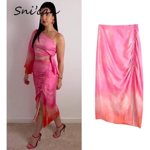 Pink Tie Dye Skirt Satin High Waist Asymmetrical Ruched Split Midi Faldas Mujer Za 2021 Women Fashion Summer Sexy Jupe Femme