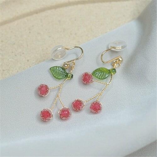 Green Glazed Leaves Red Candy Pendant Cute Ear Clips Earrings Without Pierced Female Long Simple 14K Gold Filled Ear Jewelry