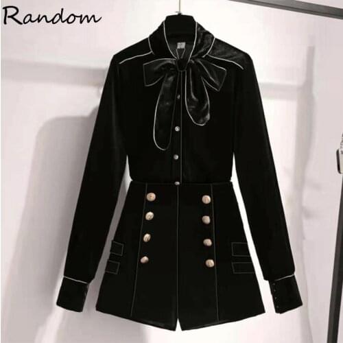 Women Autumn Winter Velvet Short Suit Female Shirt Top and Short Two piece Set office Ladies Elegant Matching Black Plus outfits