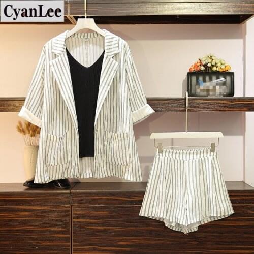 Cyanlee Women 3 Piece Shorts Set Women Striped Single-breasted Shirt Blouse + Eleastic Waist Shorts +Knitted Vest Suits M-4XL