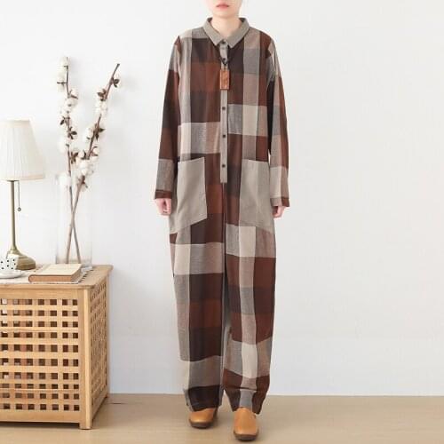 Johnature Women Vintage Plaid Jumpsuits Cotton Blend 2021 Autumn Pockets Turn-down Collar Button Loose Women Casual Jumpsuits