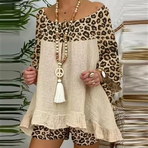 Vintage Leopard Print Patchwork Women Sets Sexy Off Shouler 3/4 Sleeve Shirt Tops and Shorts Outfits Spring Summer Two Piece Set