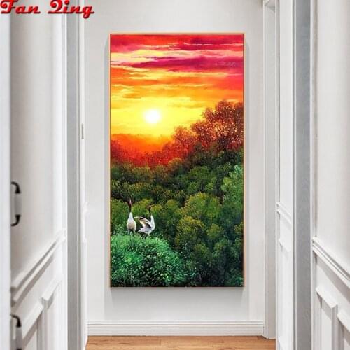5D DIY full Square/Round drill Red-crowned crane at sunset in the forest diamond embroidery Rhinestones mosaic diamond painting
