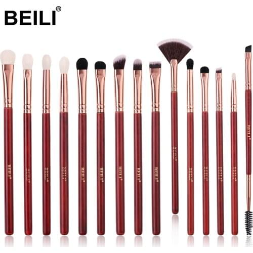 BEILI pedzle do makijazu Professional Red 15Pcs Eye Makeup Brushes Goat Hair Eyebrow Eyelash Blending Eyeshadow Makeup Brush Set