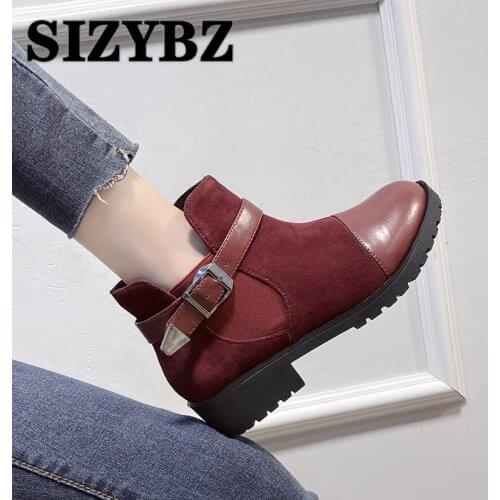Boots Women Warm Winter Buckle Strap Short Boots Pu Leather Shoes Non-Slip Suede Elastic Band Square Heel Zipper Ankle Boots 43
