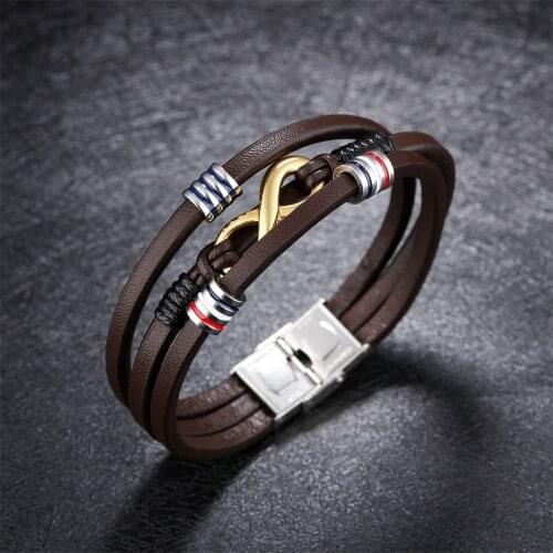Infinity Design Gold Color Fold Over Clasp Pu Leather Hand Bracelet Multi Layer Brown Band Bangle For Men Wrist Jewelry браслет