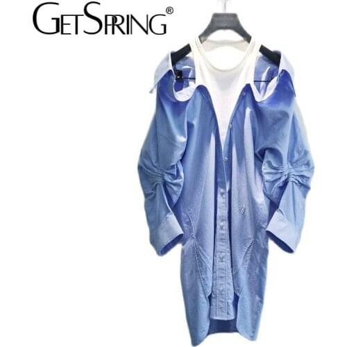 GetSpring Women Dress Fake Two Shirt Dress Cotton Pleated Long Sleeve Summer Dresses Loose Casual Sexy Ladies Dresses Autumn New