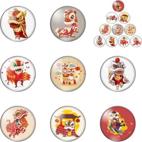 Chinese Art Dancing Lion Round Photo Glass Cabochon Demo Flat Back Making Findings Handmade DIY Accessories