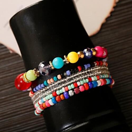 Fashion Boho Pink Bracelets&Bangles For Women Ethnic Colorful Stone Beaded Bracelet Set Elastic Bracelet For Women